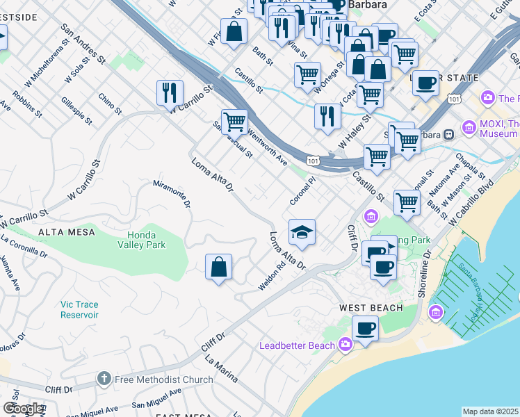 map of restaurants, bars, coffee shops, grocery stores, and more near 711 West Cota Street in Santa Barbara