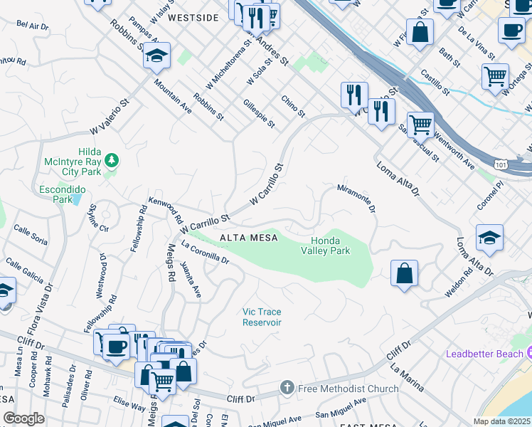 map of restaurants, bars, coffee shops, grocery stores, and more near 1054 Miramonte Drive in Santa Barbara