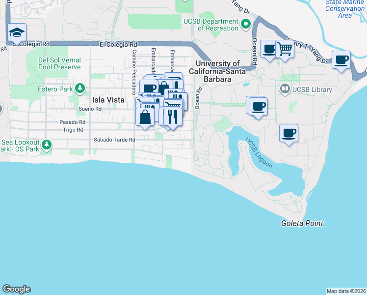 map of restaurants, bars, coffee shops, grocery stores, and more near 6520 El Nido Lane in Goleta