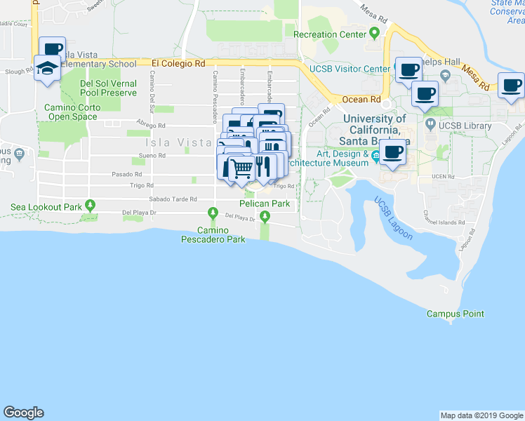 map of restaurants, bars, coffee shops, grocery stores, and more near 1020 El Embarcadero Road in Goleta