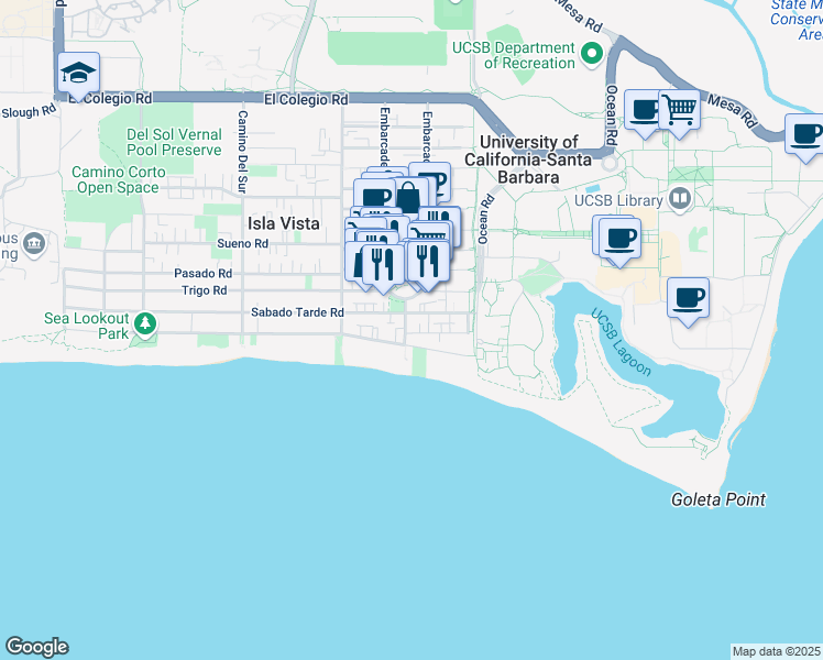 map of restaurants, bars, coffee shops, grocery stores, and more near 1020 El Embarcadero Road in Goleta