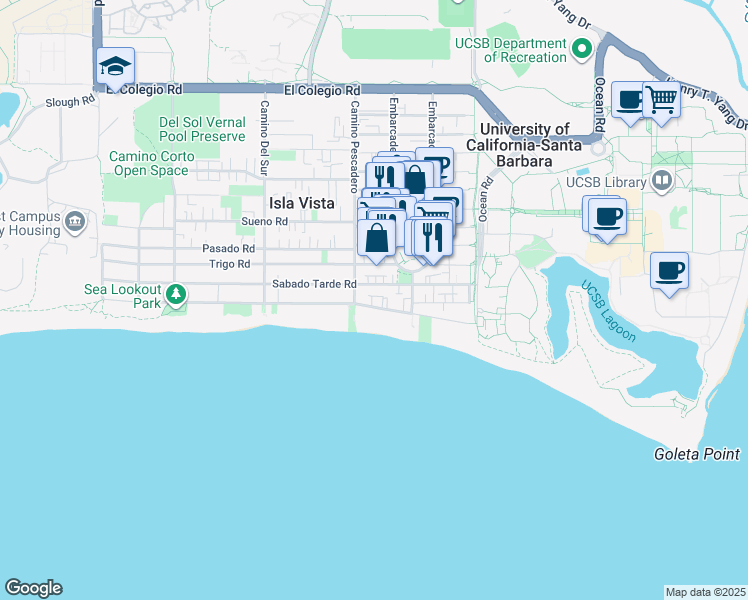 map of restaurants, bars, coffee shops, grocery stores, and more near 6571 Sabado Tarde Road in Isla Vista