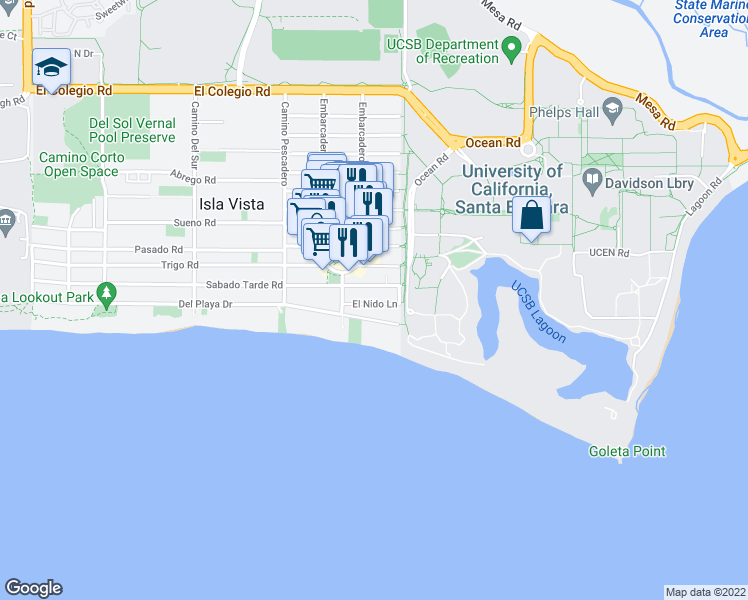 map of restaurants, bars, coffee shops, grocery stores, and more near 6524 El Nido Lane in Goleta
