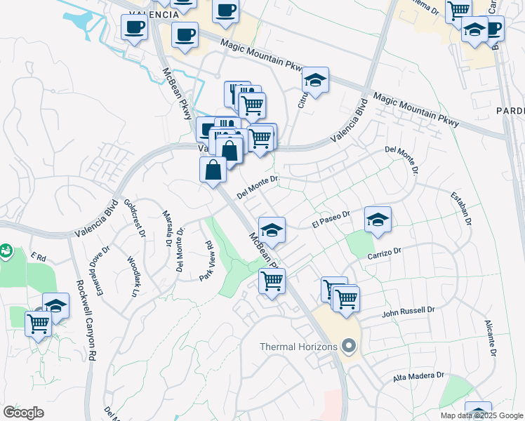 map of restaurants, bars, coffee shops, grocery stores, and more near 24009 Rockridge Court in Santa Clarita