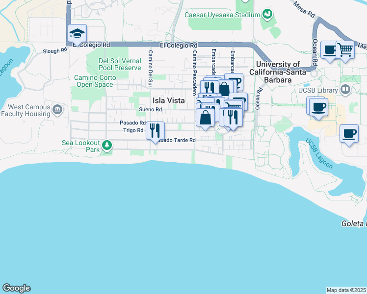 map of restaurants, bars, coffee shops, grocery stores, and more near 6606 Del Playa Drive in Goleta