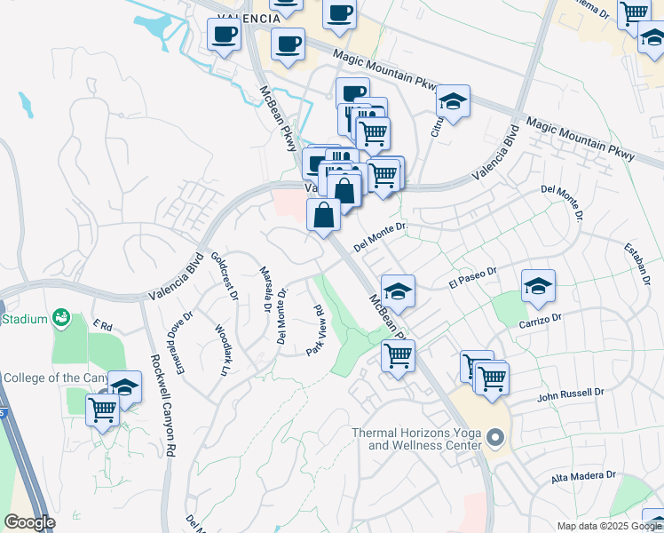 map of restaurants, bars, coffee shops, grocery stores, and more near 1406 West Del Monte Drive in Santa Clarita