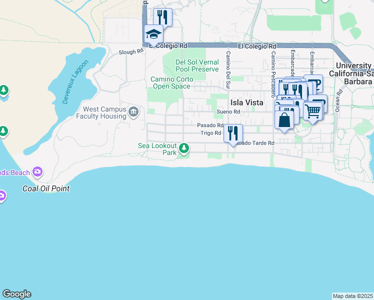 map of restaurants, bars, coffee shops, grocery stores, and more near 6800 Del Playa Drive in Goleta
