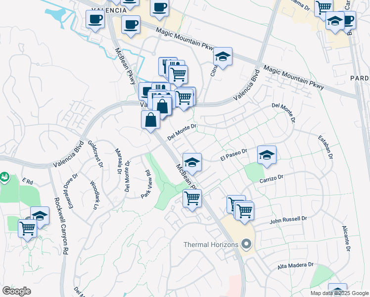 map of restaurants, bars, coffee shops, grocery stores, and more near 24009 Rockridge Court in Santa Clarita