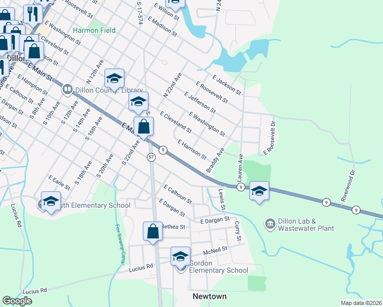 map of restaurants, bars, coffee shops, grocery stores, and more near 1407 East Harrison Street in Dillon