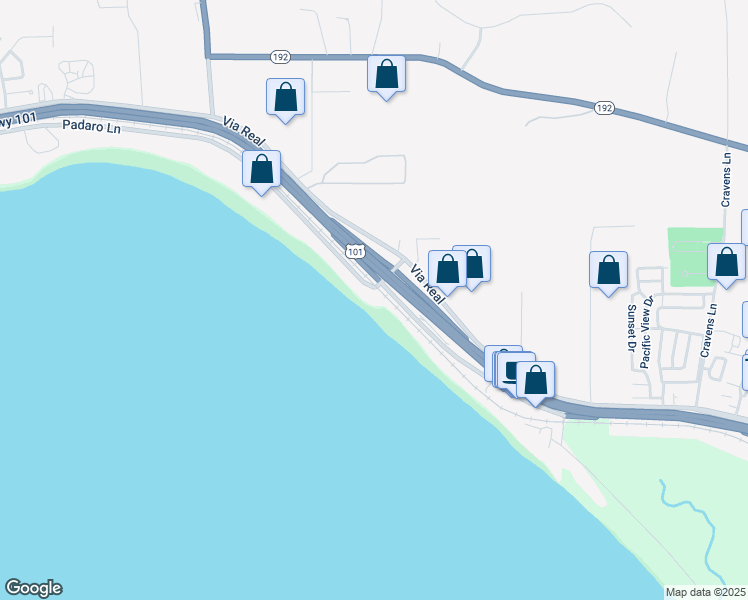 map of restaurants, bars, coffee shops, grocery stores, and more near 3599 Padaro Lane in Carpinteria
