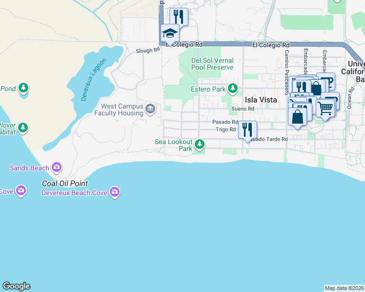 map of restaurants, bars, coffee shops, grocery stores, and more near 1028 Camino Lindo in Isla Vista