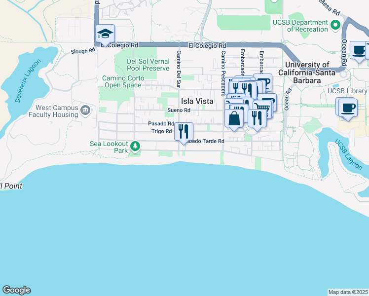 map of restaurants, bars, coffee shops, grocery stores, and more near 6686 Del Playa Drive in Goleta