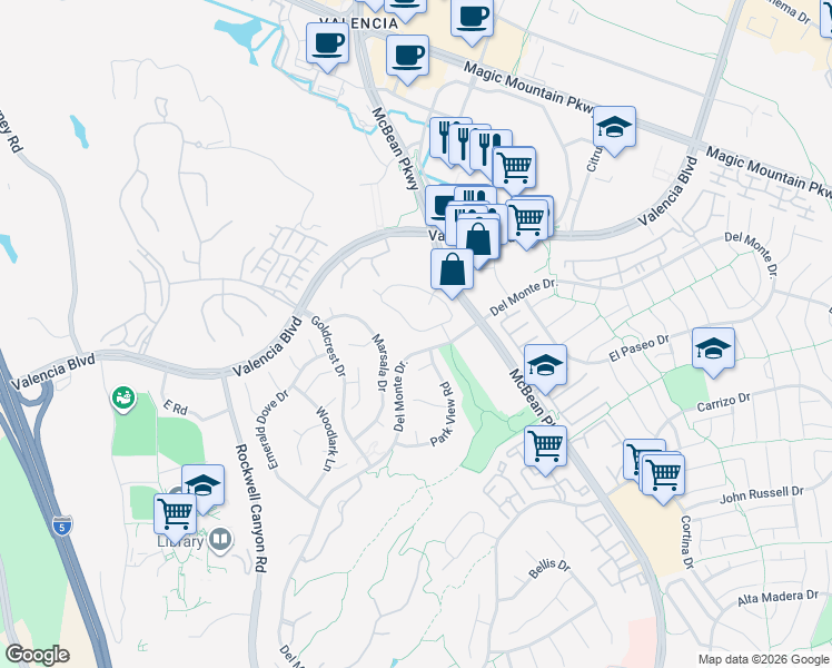 map of restaurants, bars, coffee shops, grocery stores, and more near 24149 Del Monte Drive in Santa Clarita