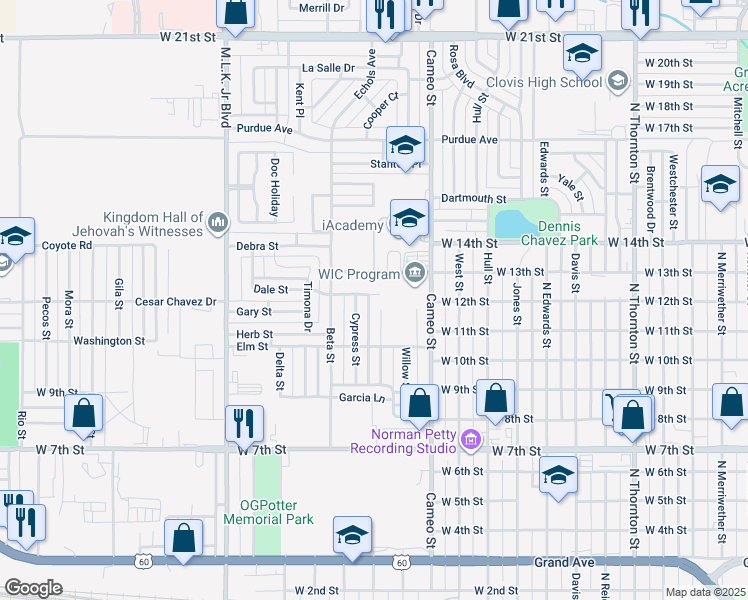 map of restaurants, bars, coffee shops, grocery stores, and more near 1108 Locust Street in Clovis