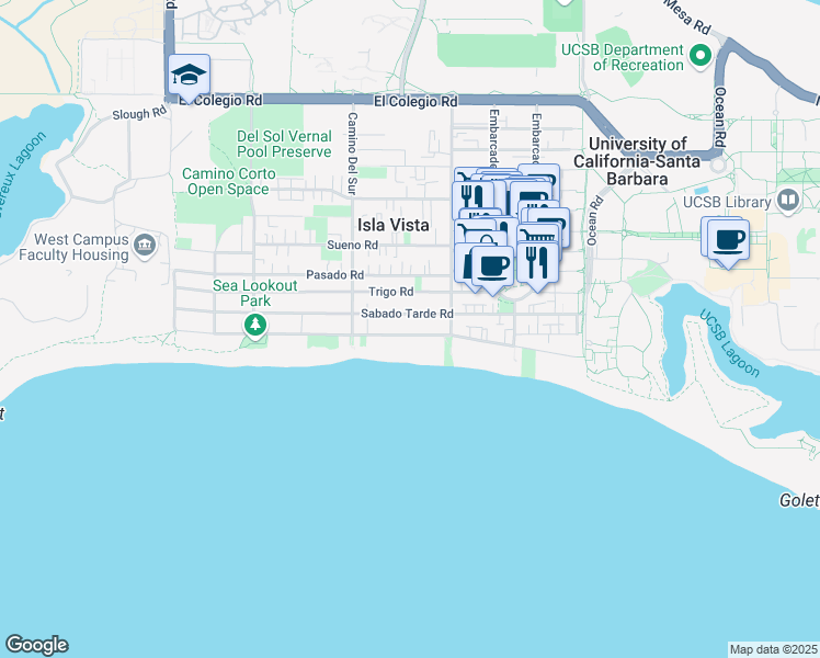 map of restaurants, bars, coffee shops, grocery stores, and more near 6640 Del Playa Drive in Goleta