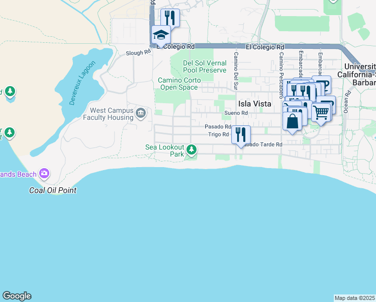 map of restaurants, bars, coffee shops, grocery stores, and more near 6800 Del Playa Drive in Goleta