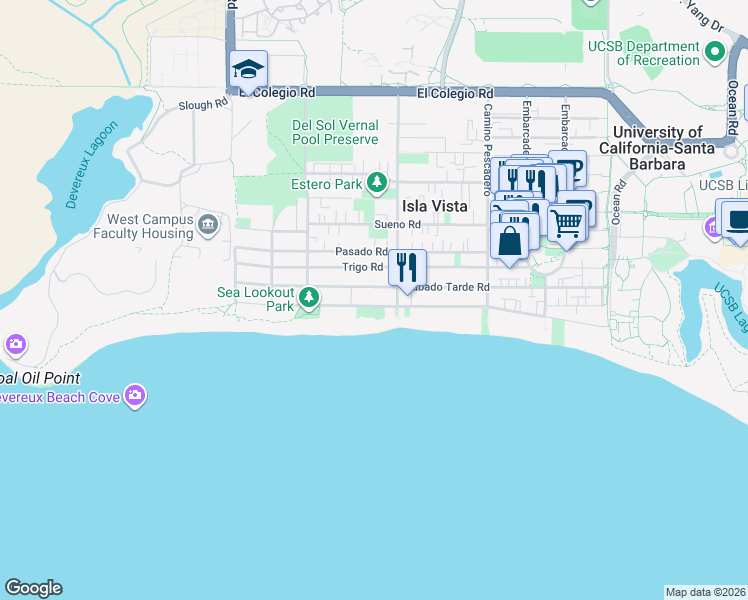 map of restaurants, bars, coffee shops, grocery stores, and more near 6730 Del Playa Drive in Goleta