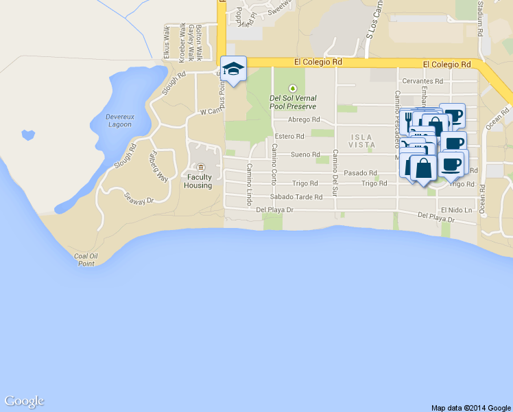 map of restaurants, bars, coffee shops, grocery stores, and more near 1028 Camino Lindo in Isla Vista