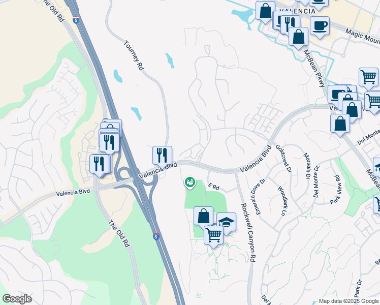 map of restaurants, bars, coffee shops, grocery stores, and more near 26803 Brookhollow Drive in Santa Clarita