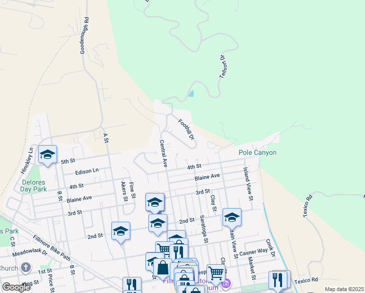 map of restaurants, bars, coffee shops, grocery stores, and more near 436 Foothill Drive in Fillmore