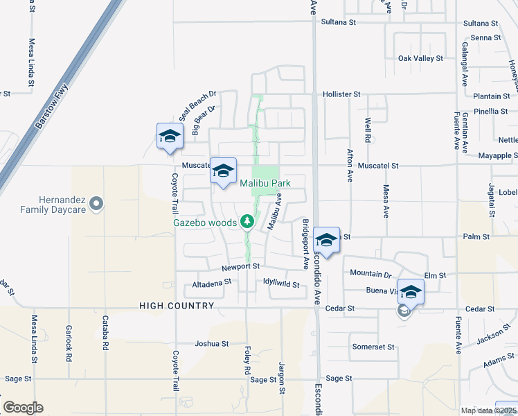 map of restaurants, bars, coffee shops, grocery stores, and more near 13070 Lancaster Street in Hesperia
