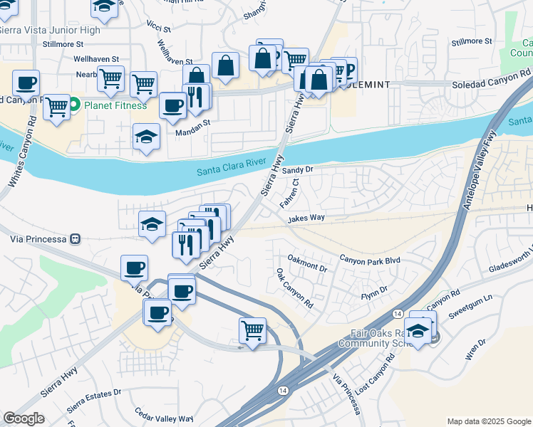 map of restaurants, bars, coffee shops, grocery stores, and more near 18414 Jakes Way in Los Angeles County