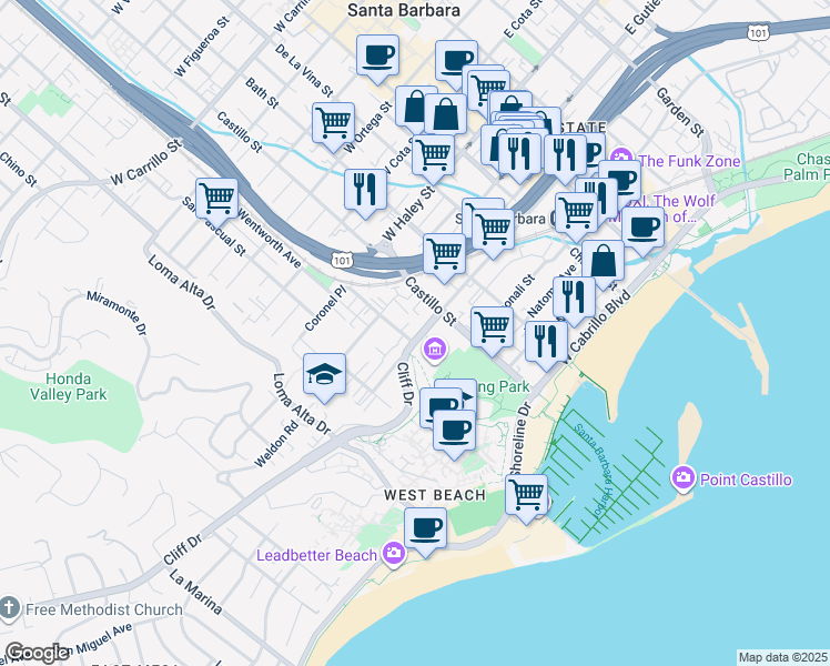 map of restaurants, bars, coffee shops, grocery stores, and more near 304 Rancheria Street in Santa Barbara