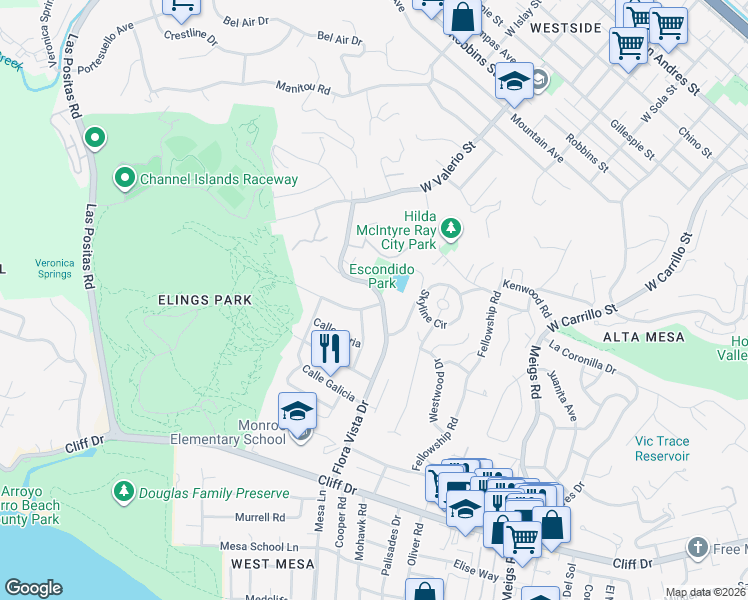 map of restaurants, bars, coffee shops, grocery stores, and more near 2406 Calle Montilla in Santa Barbara