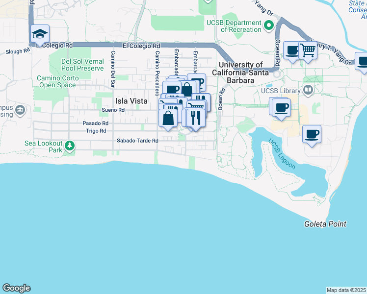 map of restaurants, bars, coffee shops, grocery stores, and more near 1020 El Embarcadero Road in Goleta