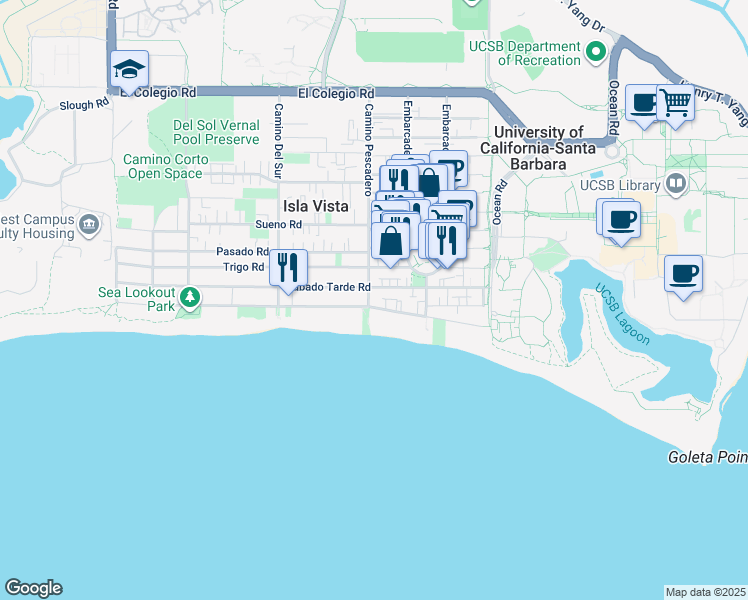 map of restaurants, bars, coffee shops, grocery stores, and more near 6606 Del Playa Drive in Goleta
