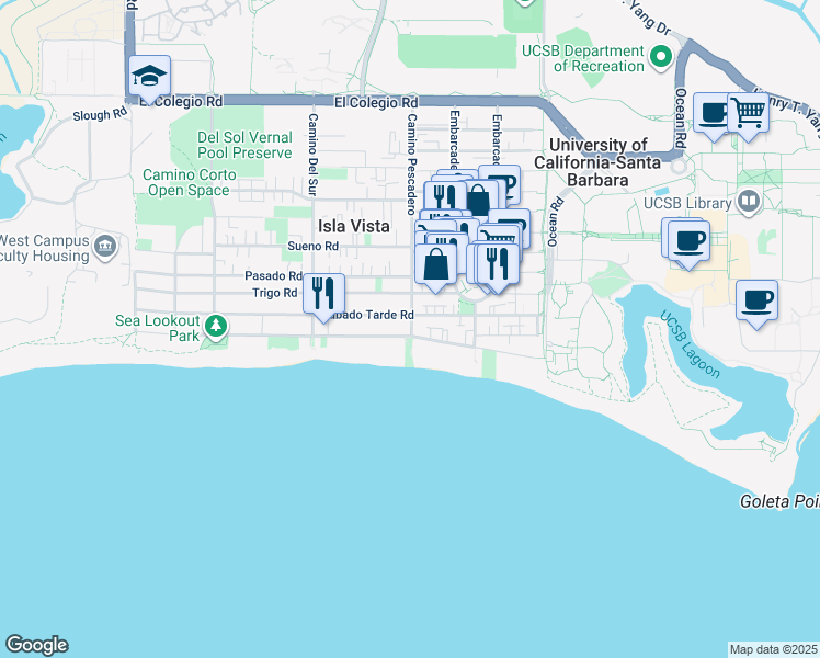 map of restaurants, bars, coffee shops, grocery stores, and more near 6606 Del Playa Drive in Goleta