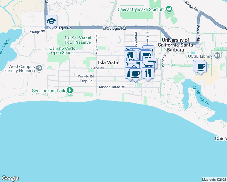 map of restaurants, bars, coffee shops, grocery stores, and more near 6647 Del Playa Drive in Goleta