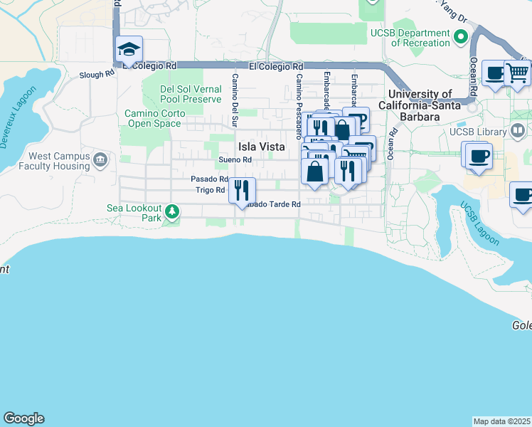 map of restaurants, bars, coffee shops, grocery stores, and more near 6647 Del Playa Drive in Goleta