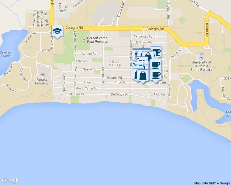 map of restaurants, bars, coffee shops, grocery stores, and more near 6647 Del Playa Drive in Goleta