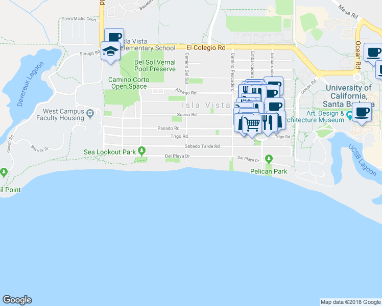 map of restaurants, bars, coffee shops, grocery stores, and more near 6686 Del Playa Drive in Goleta