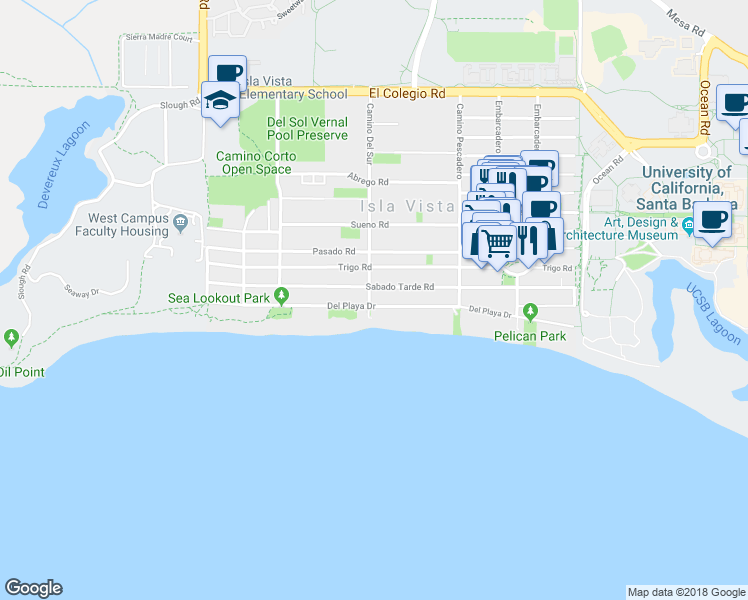 map of restaurants, bars, coffee shops, grocery stores, and more near 6686 Del Playa Drive in Goleta
