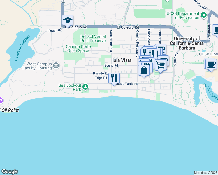 map of restaurants, bars, coffee shops, grocery stores, and more near 6728 Del Playa Drive in Goleta