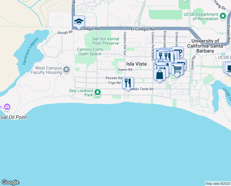 map of restaurants, bars, coffee shops, grocery stores, and more near 6728 Del Playa Drive in Goleta