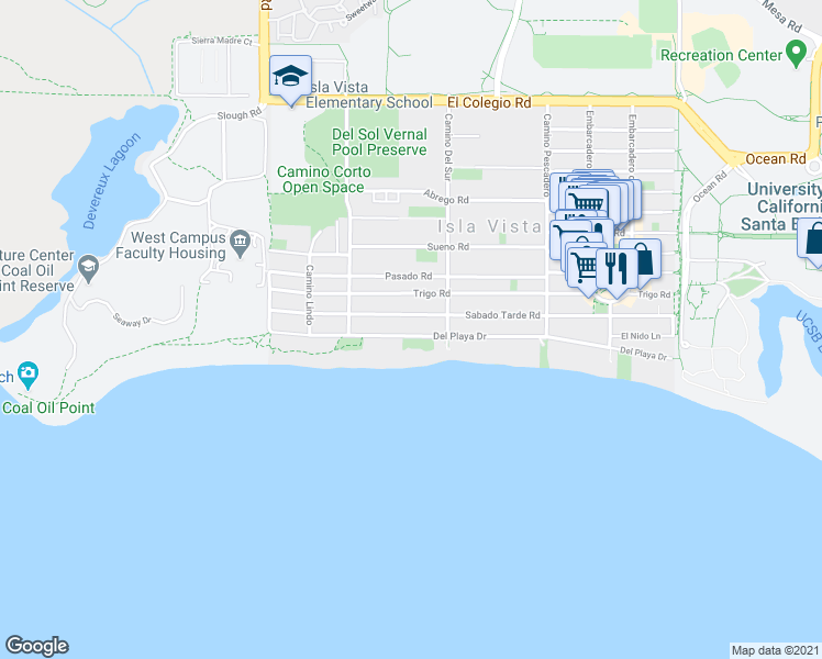 map of restaurants, bars, coffee shops, grocery stores, and more near 6728 Del Playa Drive in Goleta