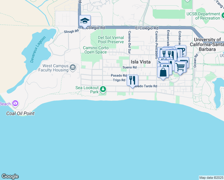 map of restaurants, bars, coffee shops, grocery stores, and more near 6764 Del Playa Drive in Goleta