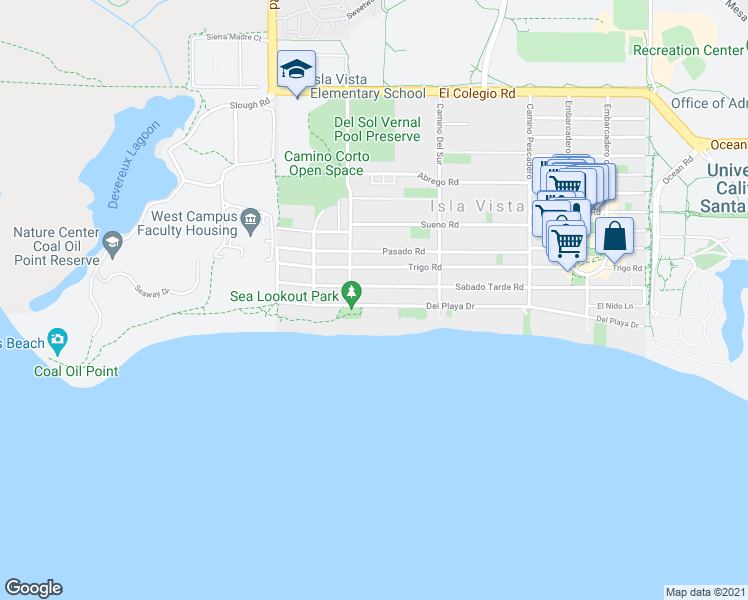 map of restaurants, bars, coffee shops, grocery stores, and more near 6764 Del Playa Drive in Goleta