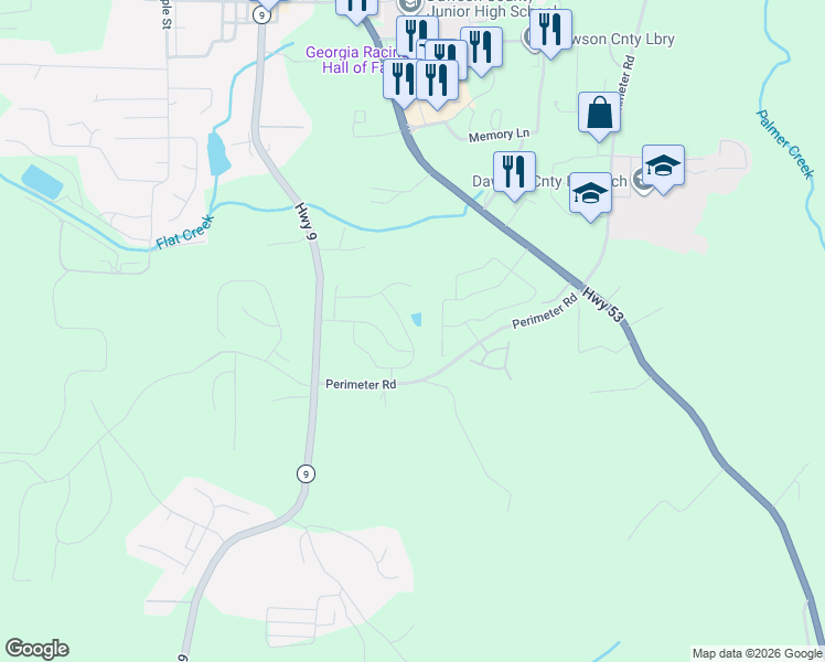 map of restaurants, bars, coffee shops, grocery stores, and more near 2202 Perimeter Road in Dawsonville