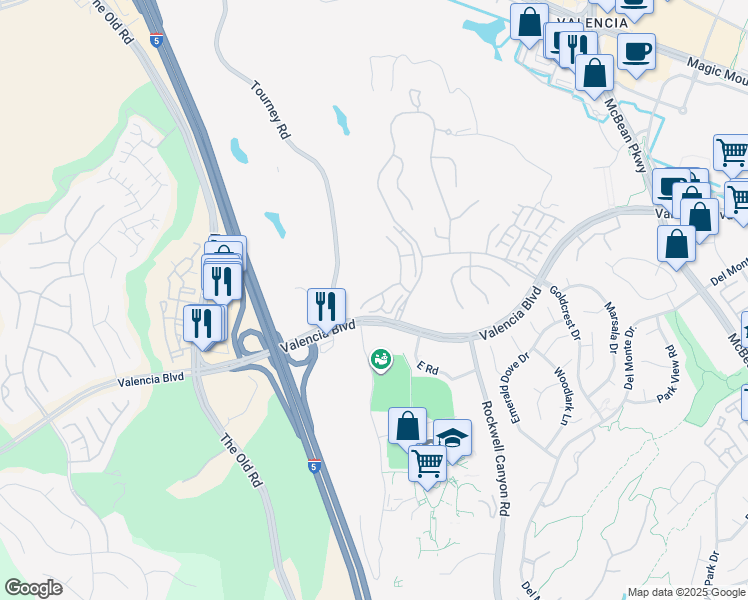 map of restaurants, bars, coffee shops, grocery stores, and more near 26803 Brookhollow Drive in Santa Clarita