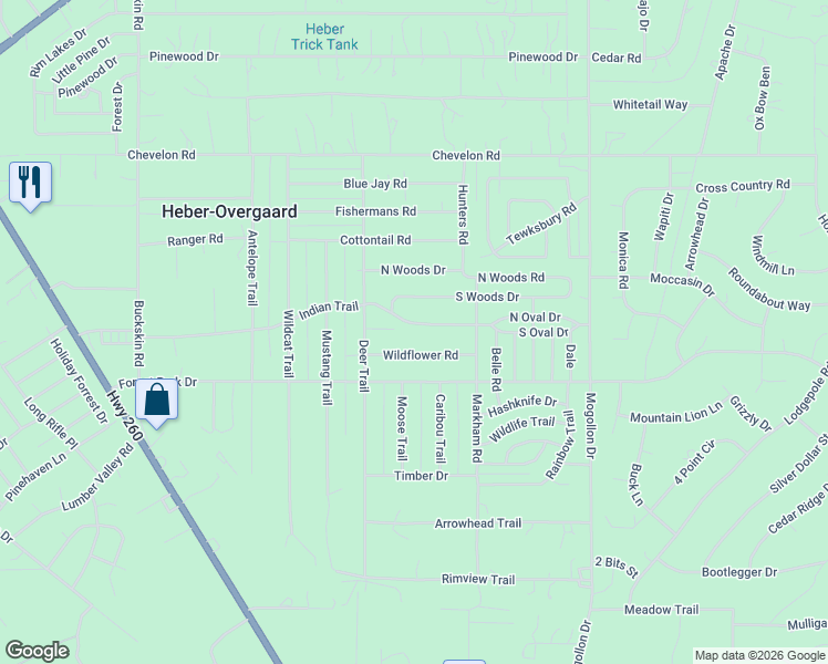 map of restaurants, bars, coffee shops, grocery stores, and more near 2141 Indian Trail in Heber-Overgaard
