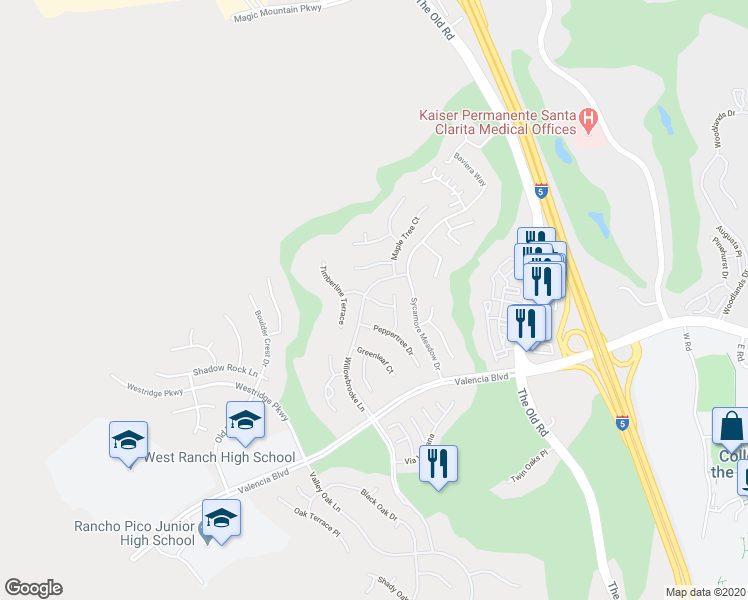 map of restaurants, bars, coffee shops, grocery stores, and more near 25635 Mesquite Court in Stevenson Ranch