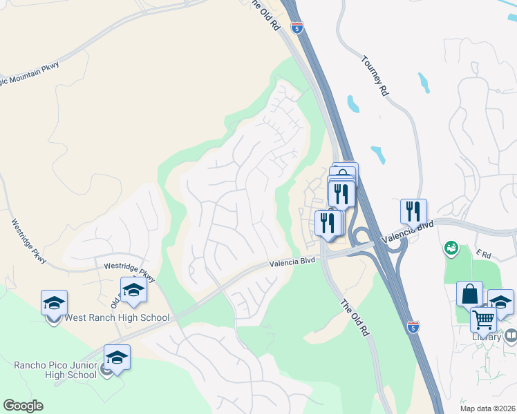 map of restaurants, bars, coffee shops, grocery stores, and more near Redwood Bluff Lane in Stevenson Ranch