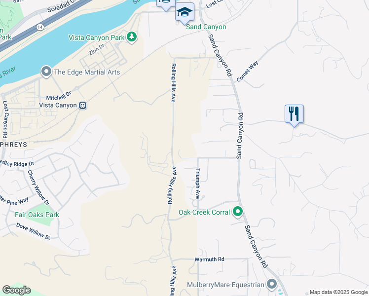 map of restaurants, bars, coffee shops, grocery stores, and more near 16515 Valley Ranch Road in Los Angeles County