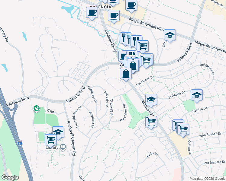 map of restaurants, bars, coffee shops, grocery stores, and more near 24149 Del Monte Drive in Santa Clarita