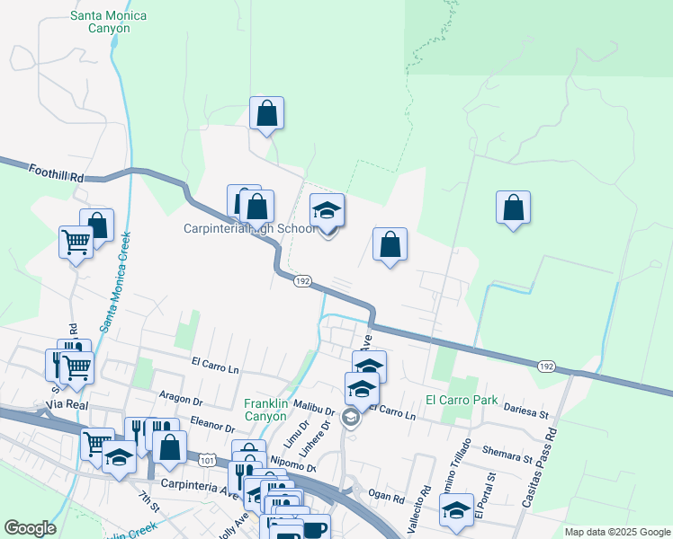 map of restaurants, bars, coffee shops, grocery stores, and more near 4849 Foothill Road in Carpinteria