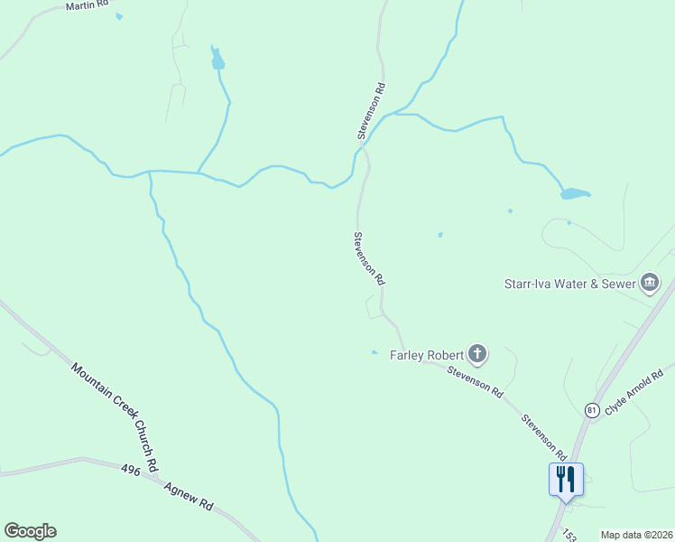 map of restaurants, bars, coffee shops, grocery stores, and more near 427 Stevenson Rd in Starr